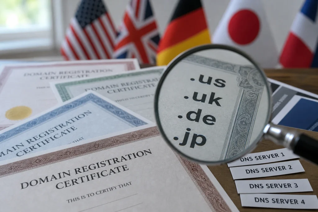 Certificats de domaines et loupe symbolisant le choix d'une extension SEO