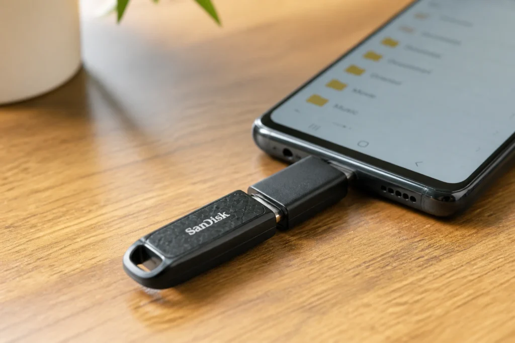 Clé USB reliée à un smartphone via un adaptateur OTG