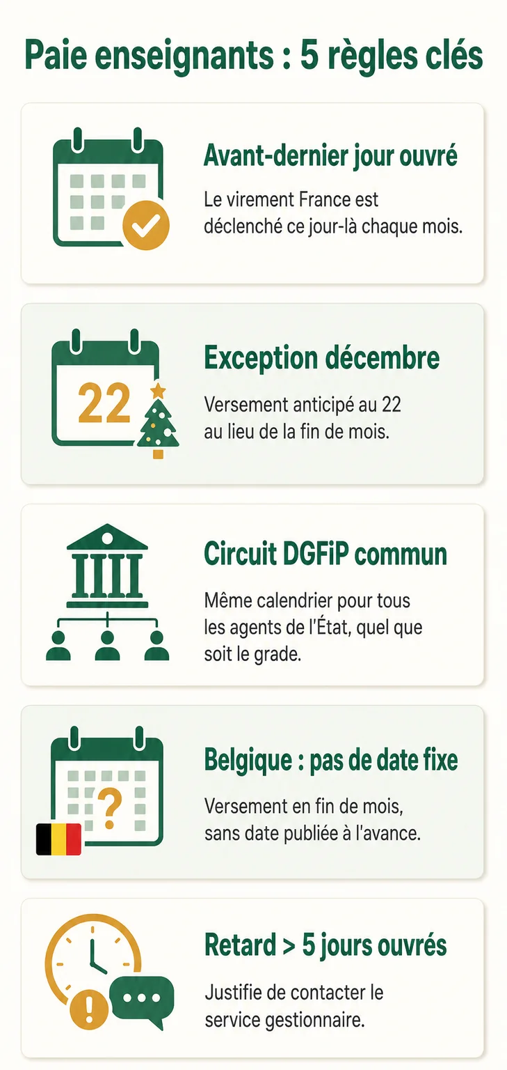 Paie enseignants : 5 règles clés : Avant-dernier jour ouvré, Exception décembre, Circuit DGFiP commun, Belgique : pas de date fixe, Retard > 5 jours ouvrés » class= »wp-image-2462&Prime;/></figure>


<h2 id=