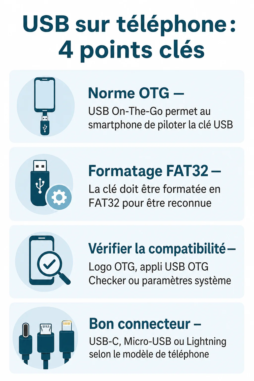 USB sur téléphone : 4 points clés : Norme OTG, Formatage FAT32, Vérifier la compatibilité, Bon connecteur