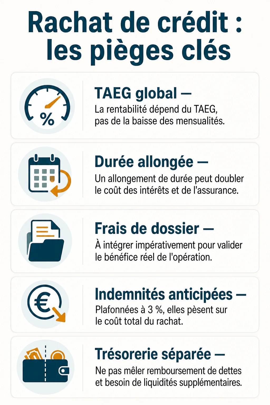 Rachat de crédit : les pièges clés : TAEG global, Durée allongée, Frais de dossier, Indemnités anticipées, Trésorerie séparée