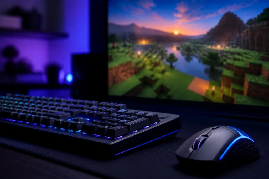 Setup gaming avec clavier mécanique et écran flouté évoquant un monde blocky coloré