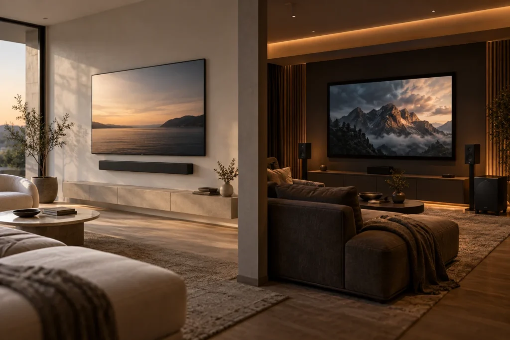 Comparaison entre une barre de son et un système home cinéma 5.1 dans un salon