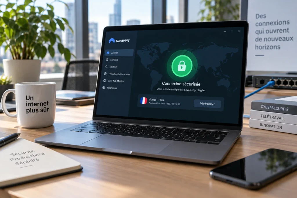 Écran d'ordinateur portable affichant une application VPN connectée sur un bureau de travail