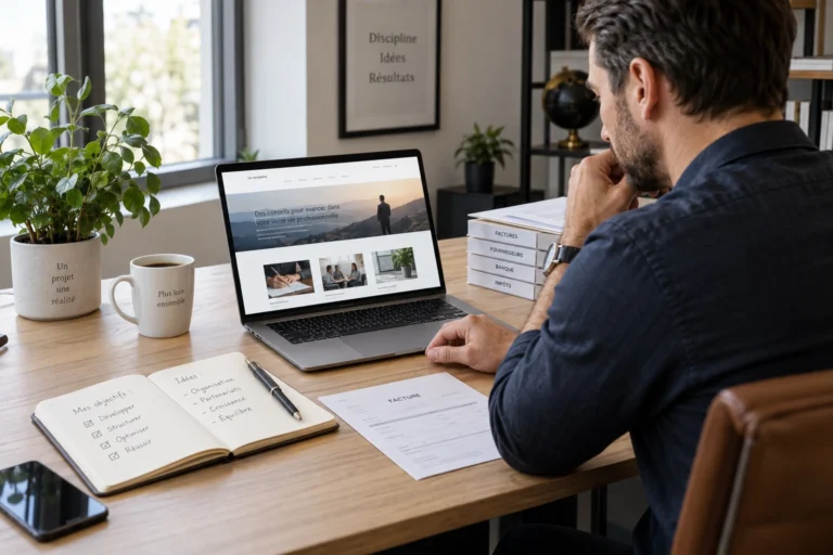 Entrepreneur consultant un site de ressources sur son ordinateur portable à son bureau