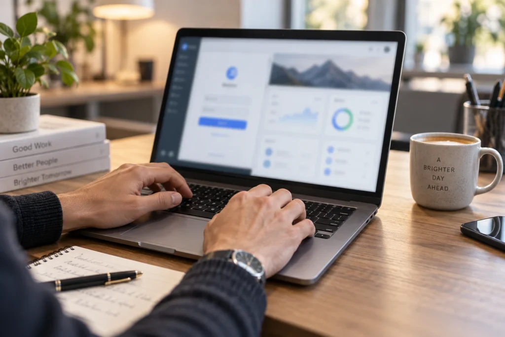 Ordinateur portable ouvert sur un tableau de bord en ligne, symbolisant l'activation d'un compte Addviseo