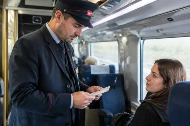 Contrôleur SNCF en uniforme vérifiant un titre de transport dans un train