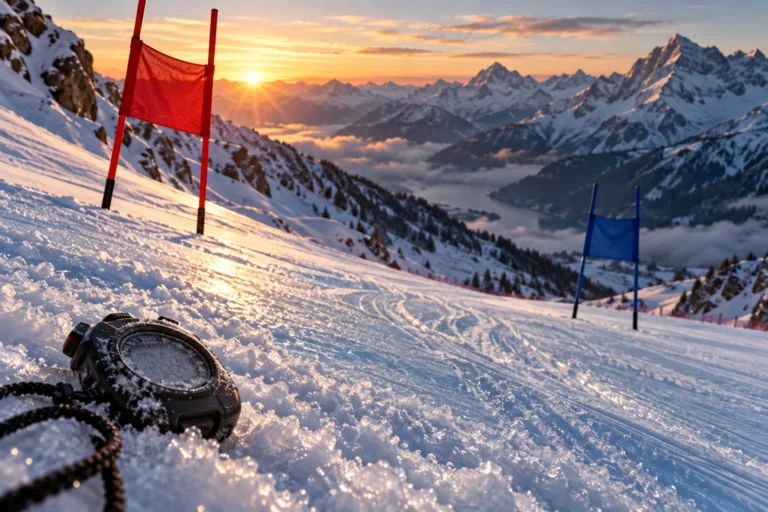 Portes de slalom sur une piste de ski enneigée, symbole du test technique du moniteur