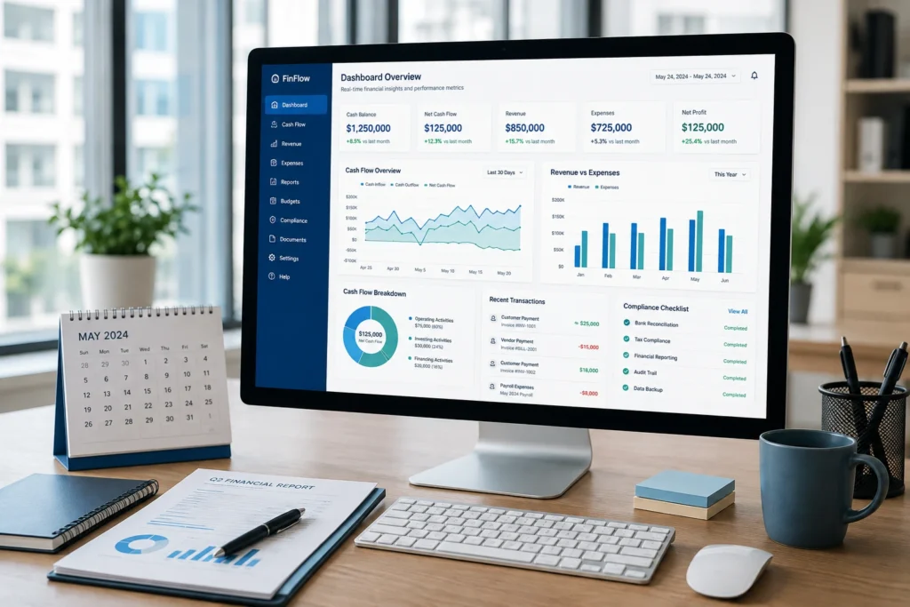 Tableau de bord financier PME avec courbes de cash-flow et documents de conformité