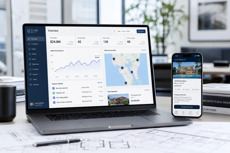 Ordinateur et smartphone affichant un tableau de bord immobilier connecté dans un bureau moderne