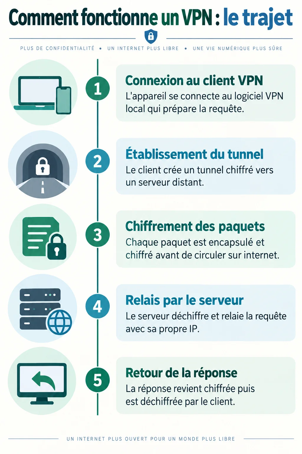 Comment fonctionne un VPN : le trajet : 1. Connexion au client VPN, 2. Établissement du tunnel, 3. Chiffrement des paquets, 4. Relais par le serveur, 5. Retour de la réponse