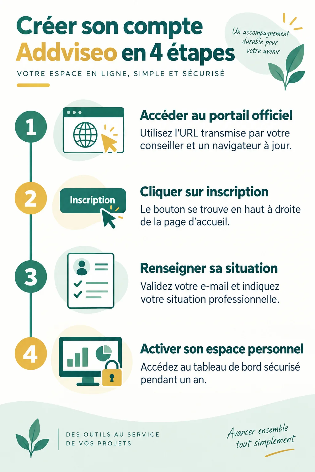 Créer son compte Addviseo en 4 étapes : 1. Accéder au portail officiel, 2. Cliquer sur inscription, 3. Renseigner sa situation, 4. Activer son espace personnel