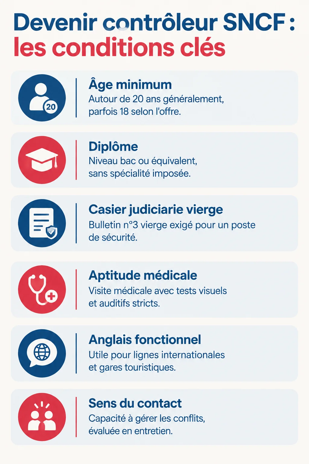 Devenir contrôleur SNCF : les conditions clés : Âge minimum, Diplôme, Casier judiciaire vierge, Aptitude médicale, Anglais fonctionnel, Sens du contact