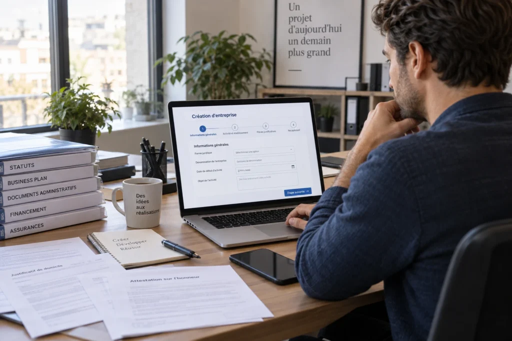 Créateur d'entreprise remplissant un dossier de formalités en ligne sur son ordinateur portable