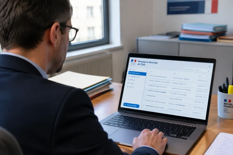 Agent public consultant sa messagerie Melanie2web sur ordinateur portable au bureau