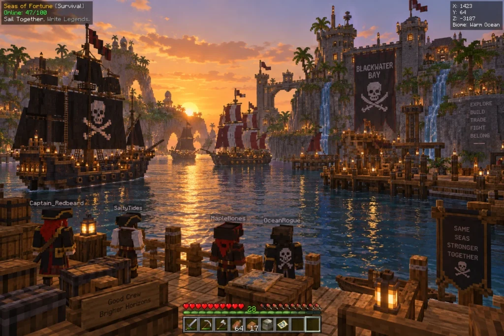 Monde Minecraft avec des îles pirates et des navires, illustrant un serveur One Piece