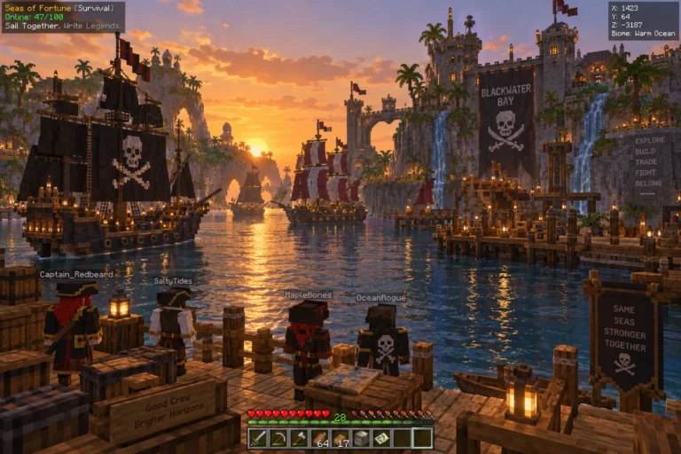 Monde Minecraft avec des îles pirates et des navires, illustrant un serveur One Piece