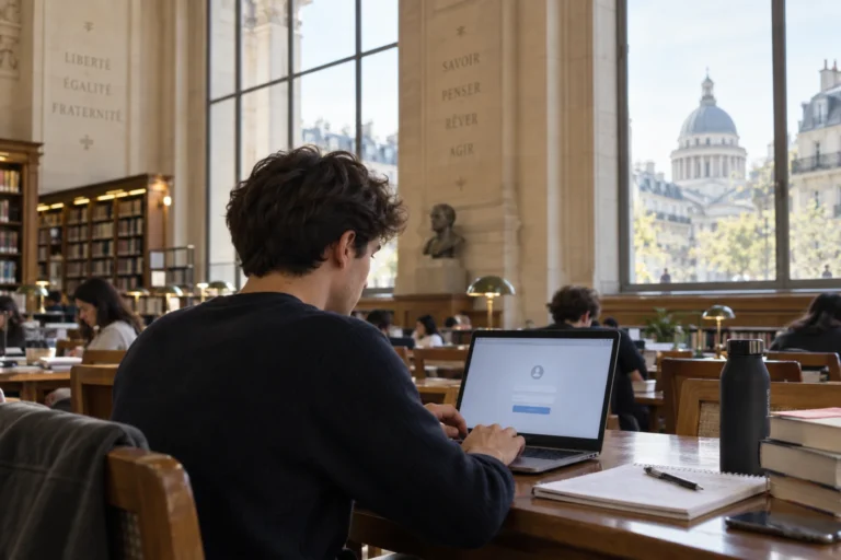 Étudiant connecté à un portail universitaire sur son ordinateur portable dans une bibliothèque à Paris