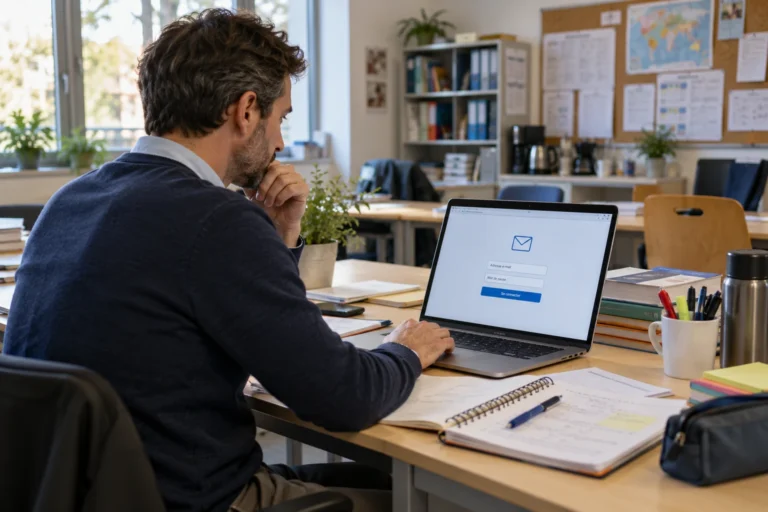 Enseignant se connectant à la messagerie académique sur un ordinateur portable à son bureau