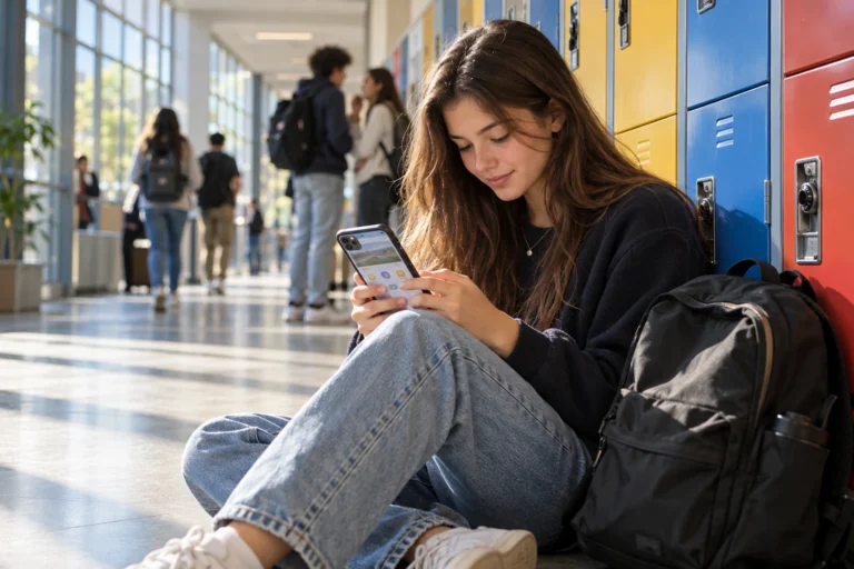 Lycéenne se connectant à l'ENT Lycée Connecté depuis son smartphone dans un couloir de lycée