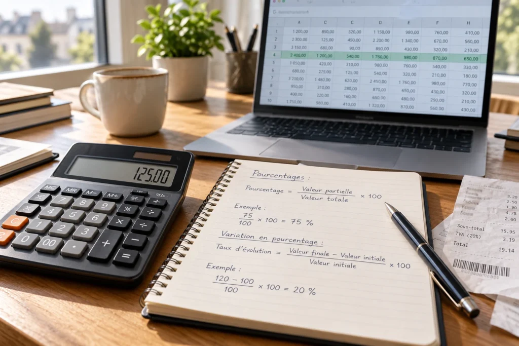 Calculatrice, carnet de formules et tableur posés sur un bureau pour un calcul de pourcentage