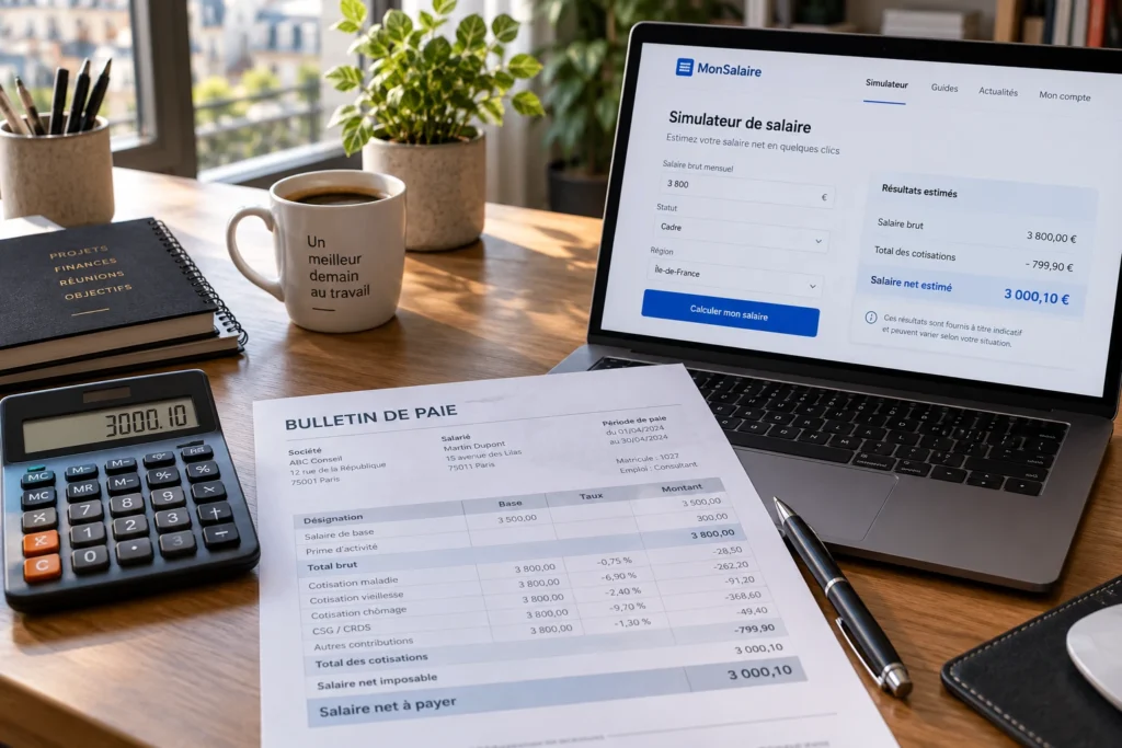 Fiche de paie, calculatrice et ordinateur portable sur un bureau pour calculer un salaire brut en net