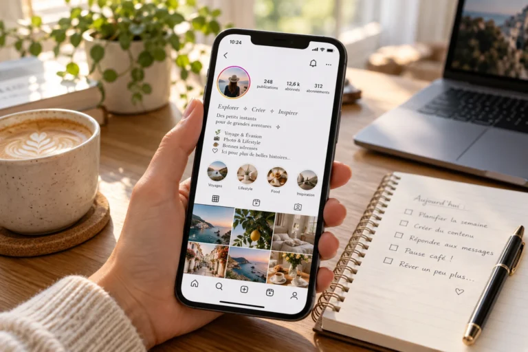 Smartphone affichant un profil Instagram avec une bio en police stylisée posé sur un bureau