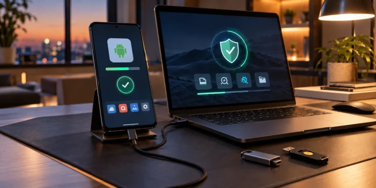 Smartphone Android et ordinateur portable affichant une vérification de sécurité lors de l'installation d'une application