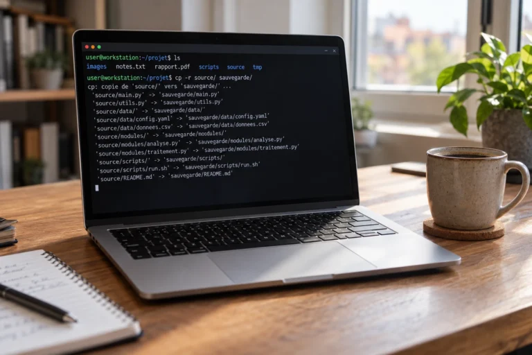 Terminal Linux affichant une commande cp sur un écran d'ordinateur portable posé sur un bureau