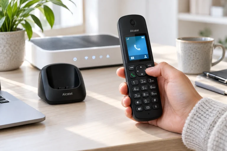 Téléphone fixe DECT Alcatel F860 sur son socle près d'une box internet, combiné tenu en main