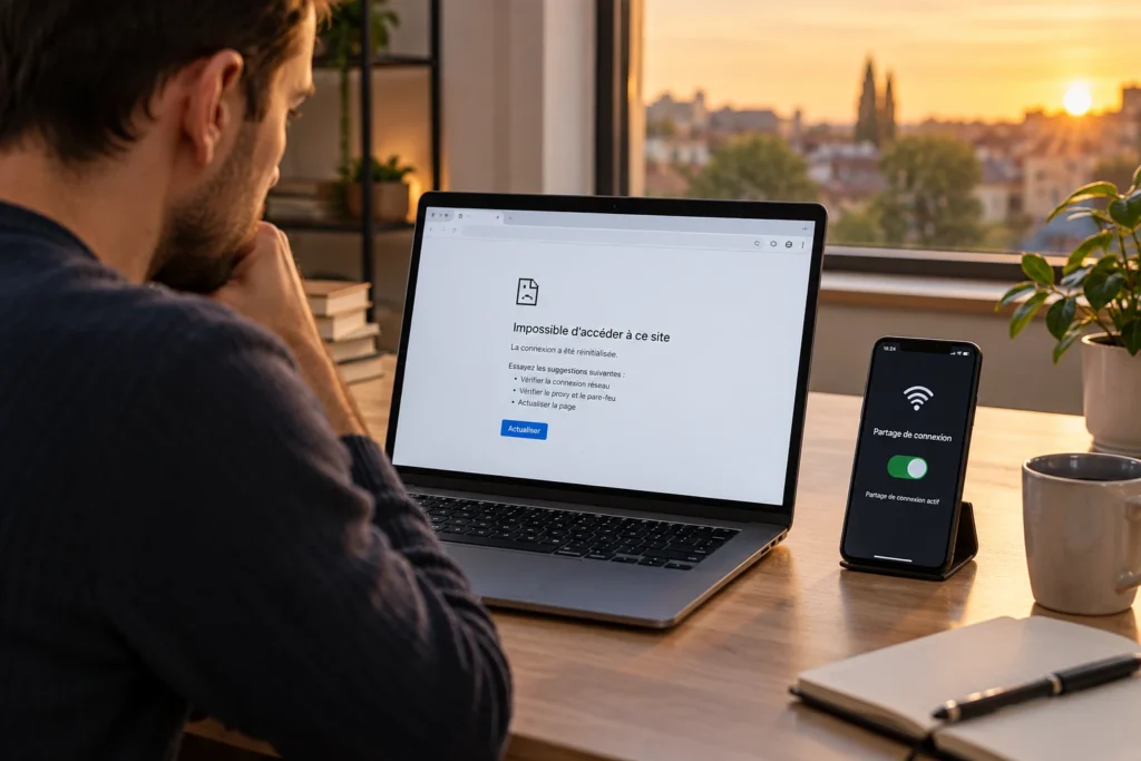 Personne devant un ordinateur affichant une page d'erreur de site inaccessible, smartphone à côté