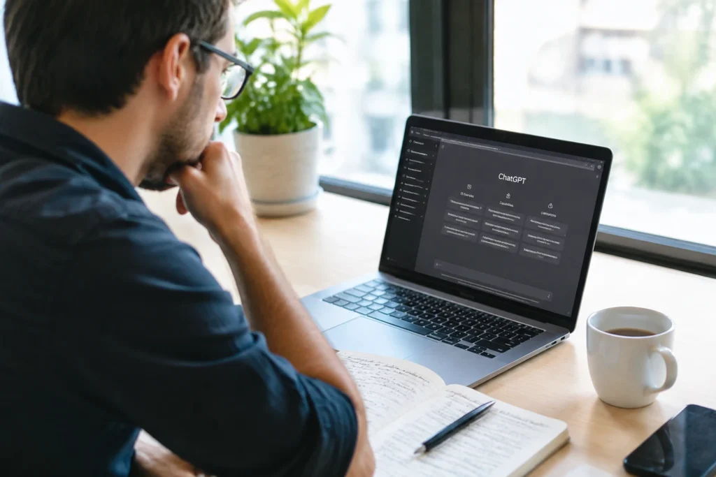 Professionnel suivant une formation ChatGPT sur son ordinateur portable à son bureau