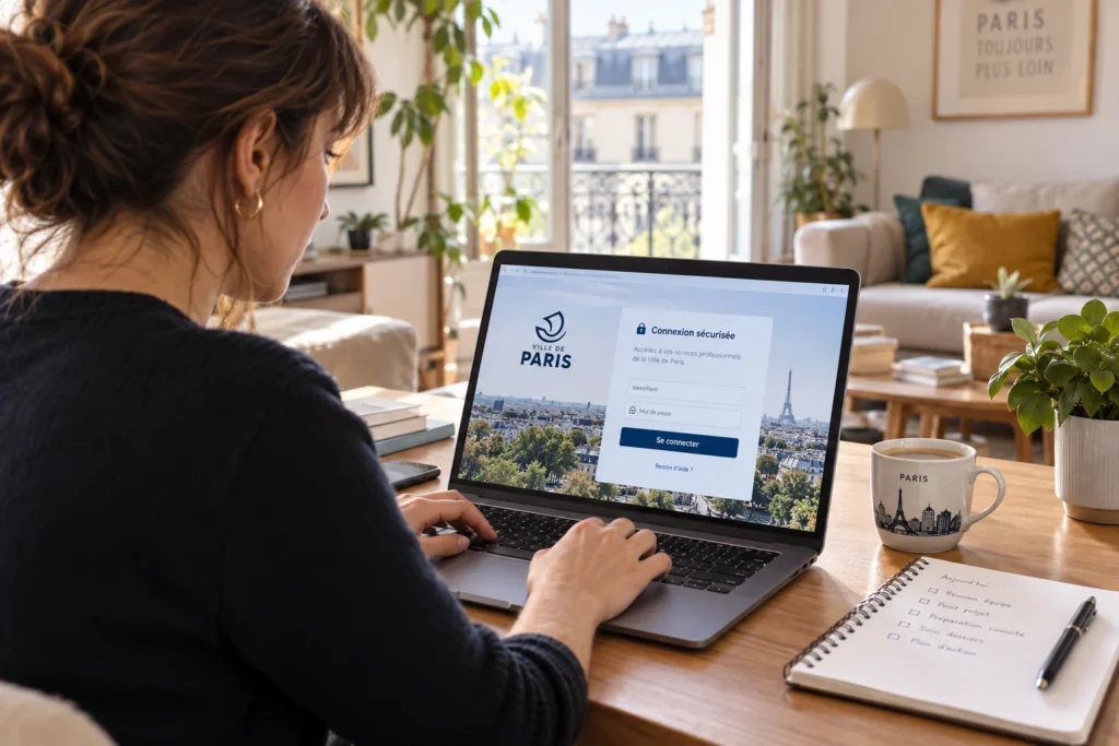 Agent travaillant à distance sur un ordinateur portable devant une page de connexion sécurisée à un intranet