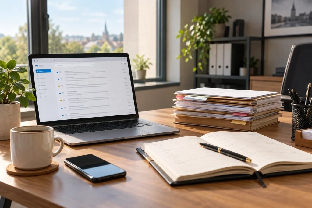 Bureau avec ordinateur affichant une messagerie et courriers papier triés à côté d'un registre de réception