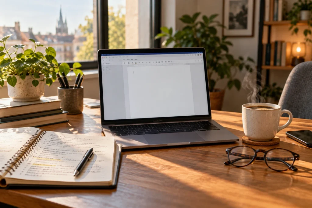 Bureau avec ordinateur portable affichant un éditeur de texte, carnet annoté et tasse de café